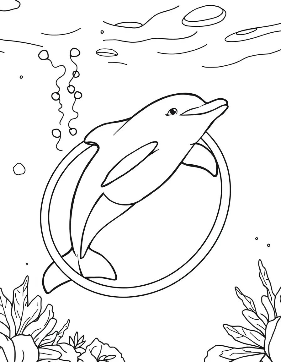 A dolphin performing tricks through underwater hoops