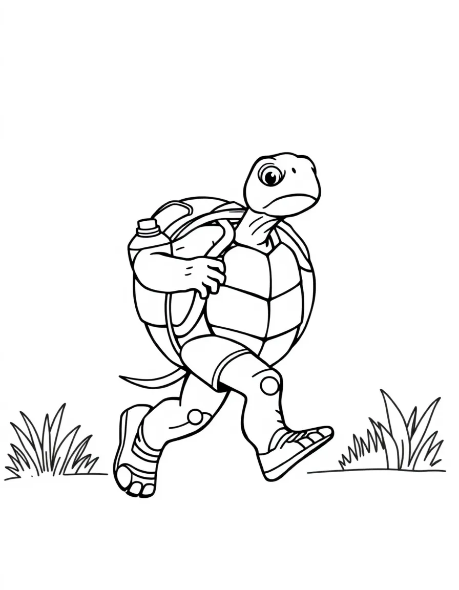 A tortoise marathon runner with a water bottle