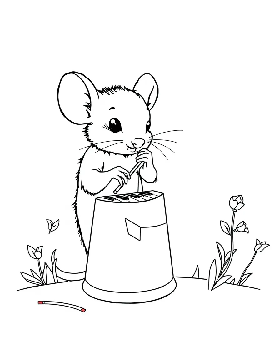 A mouse pianist performing on a thimble piano