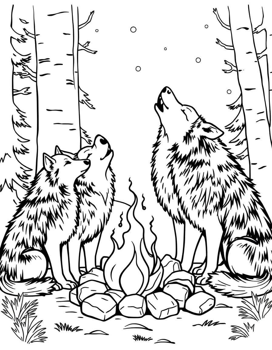 A family of wolves howling in harmony around a campfire