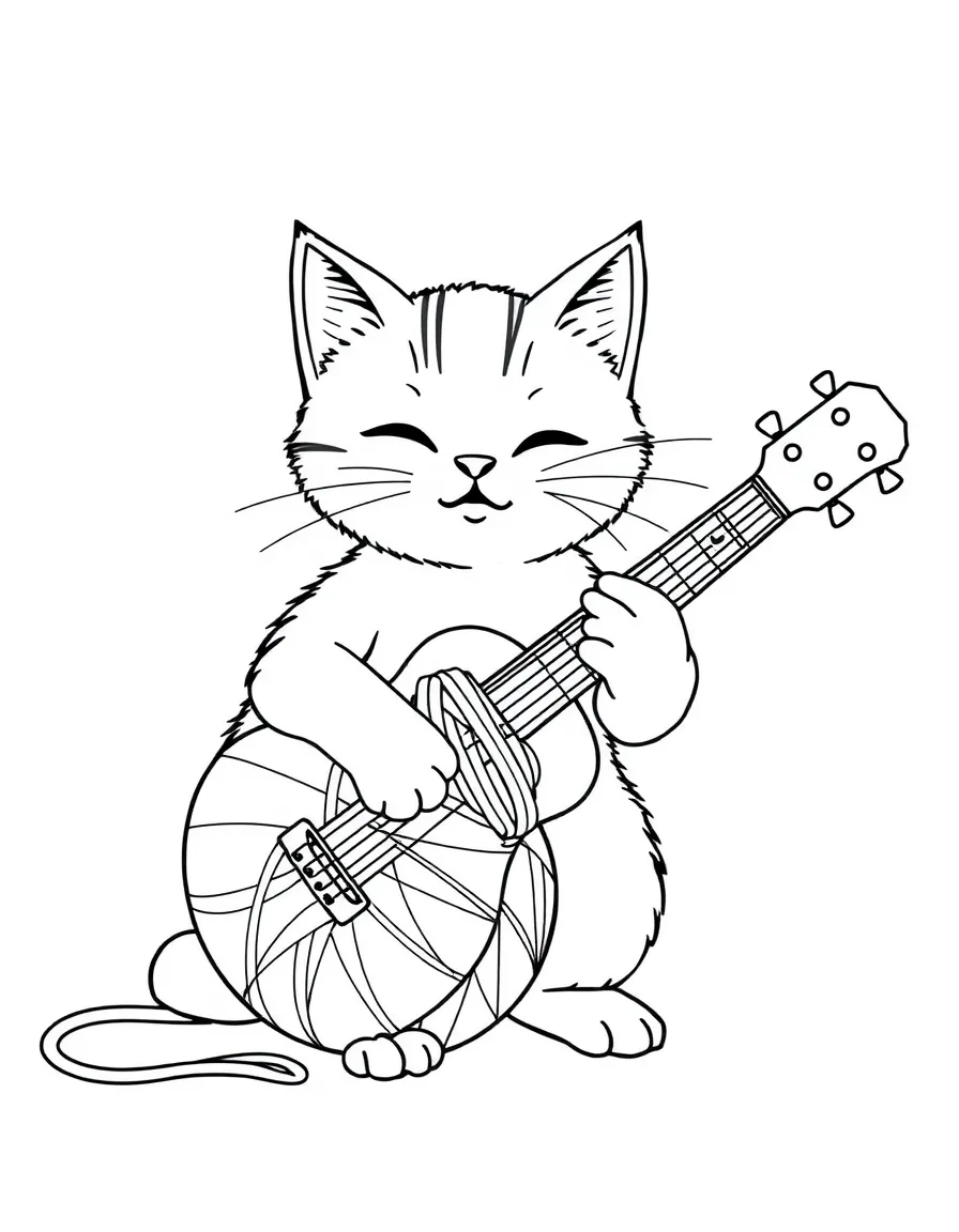 A cat playing a yarn ball guitar