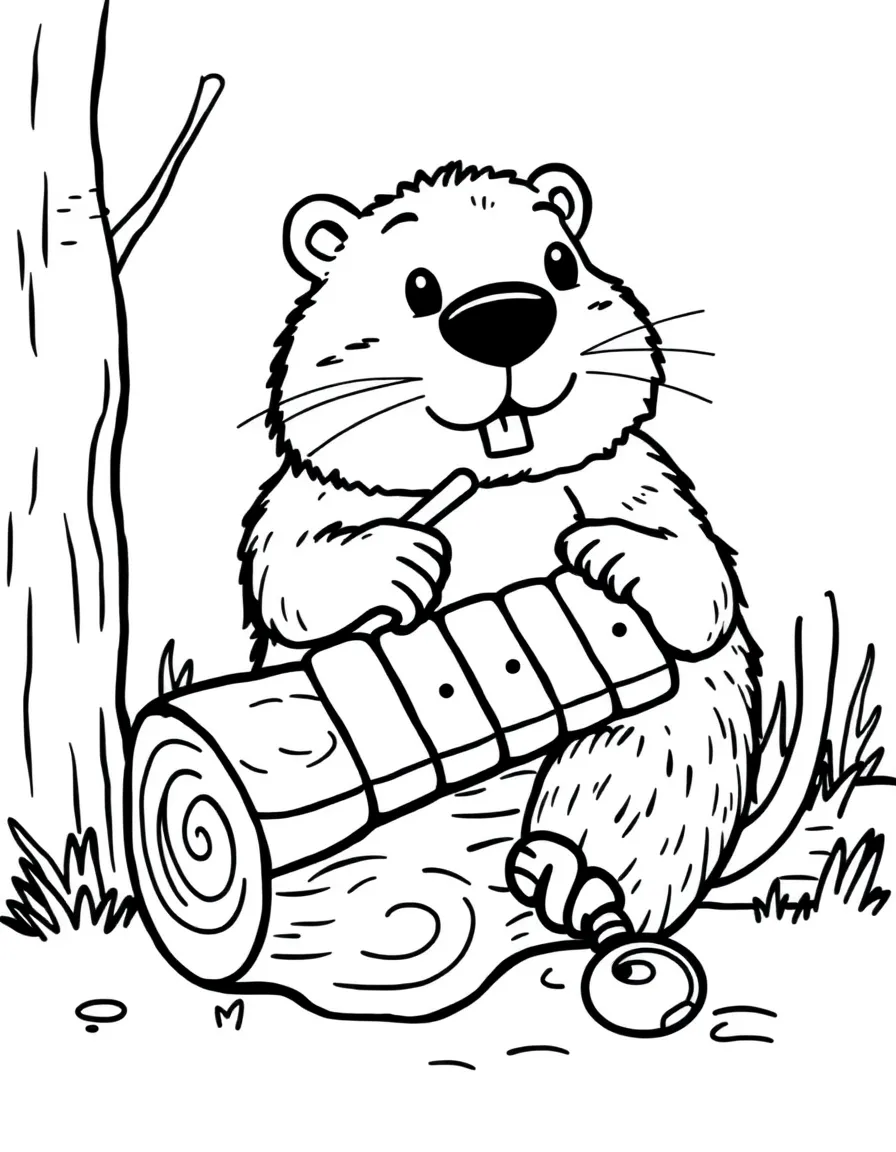 A beaver playing a log xylophone with stick mallets