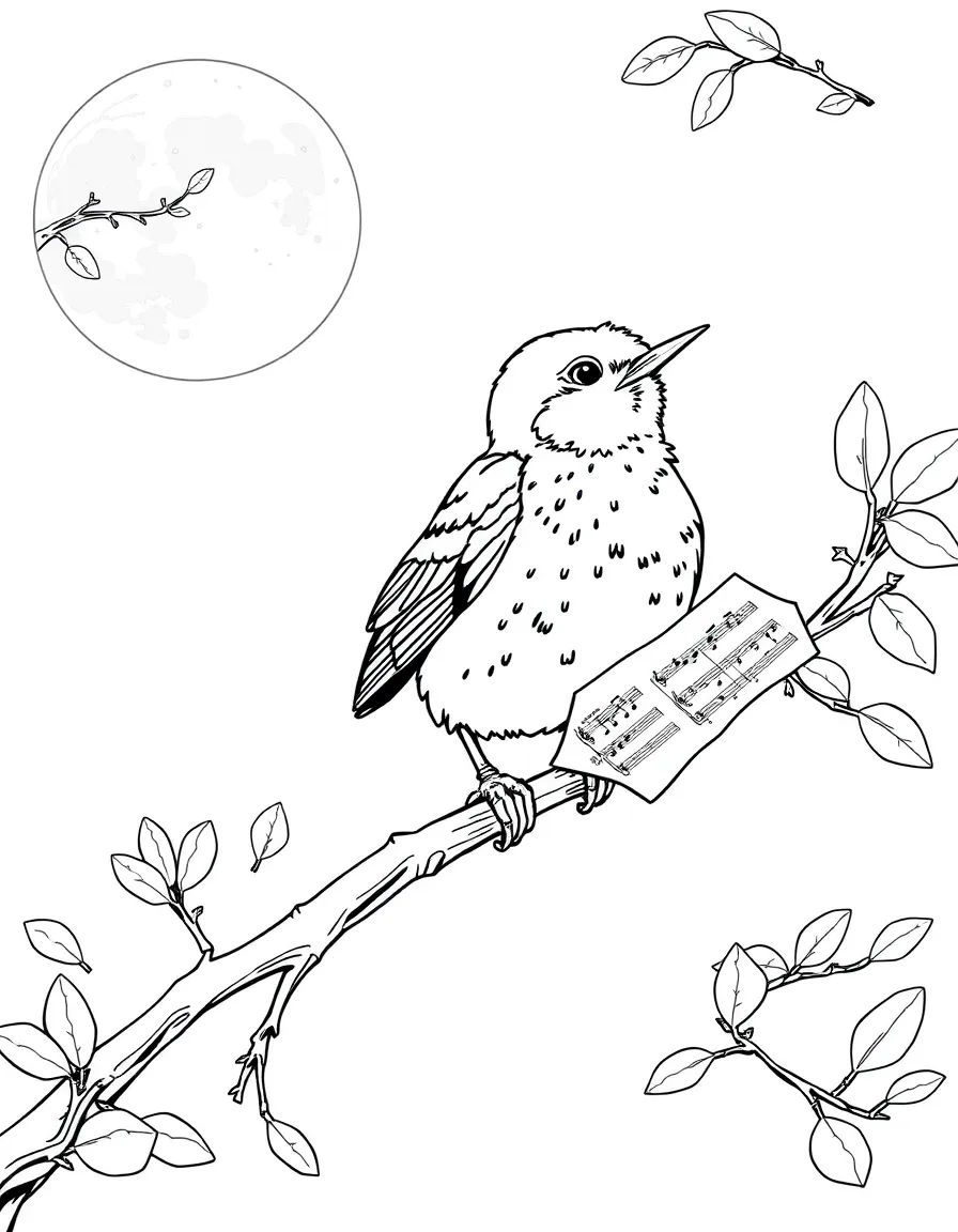 A nightingale singing from a moonlit branch with sheet music