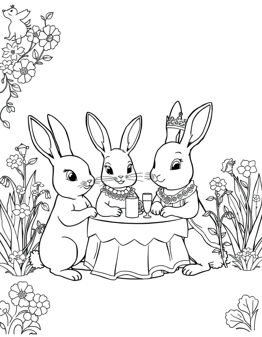 A family of rabbit royals having a royal garden party