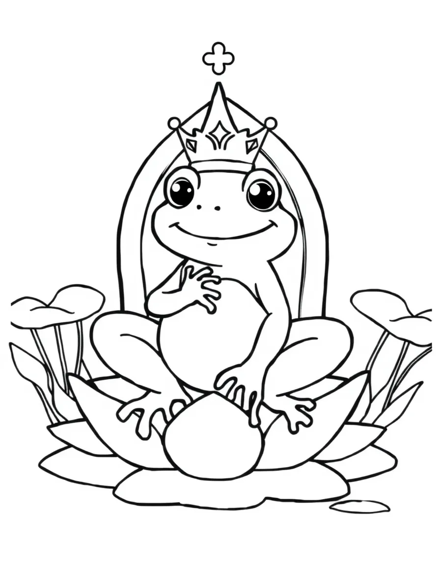 A frog prince sitting on a lily pad throne