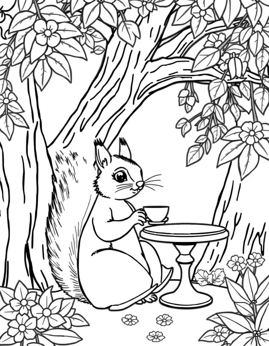 A squirrel duchess having afternoon tea in a tree palace