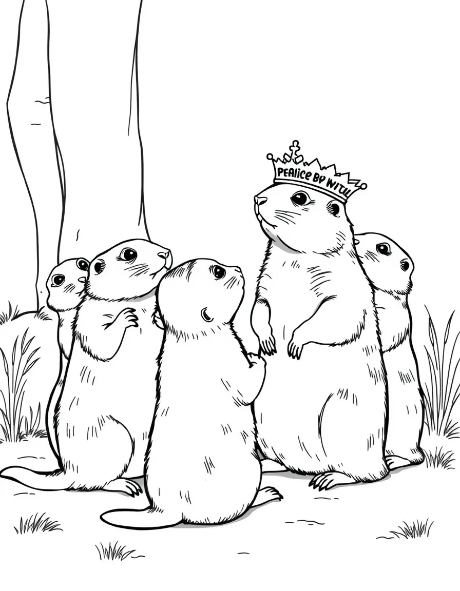 A group of prairie dog royal subjects bowing to their queen