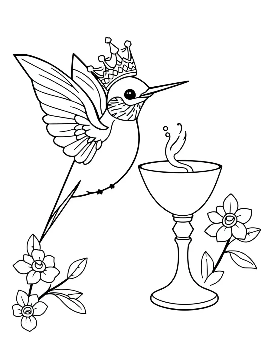 A hummingbird princess drinking nectar from a royal chalice