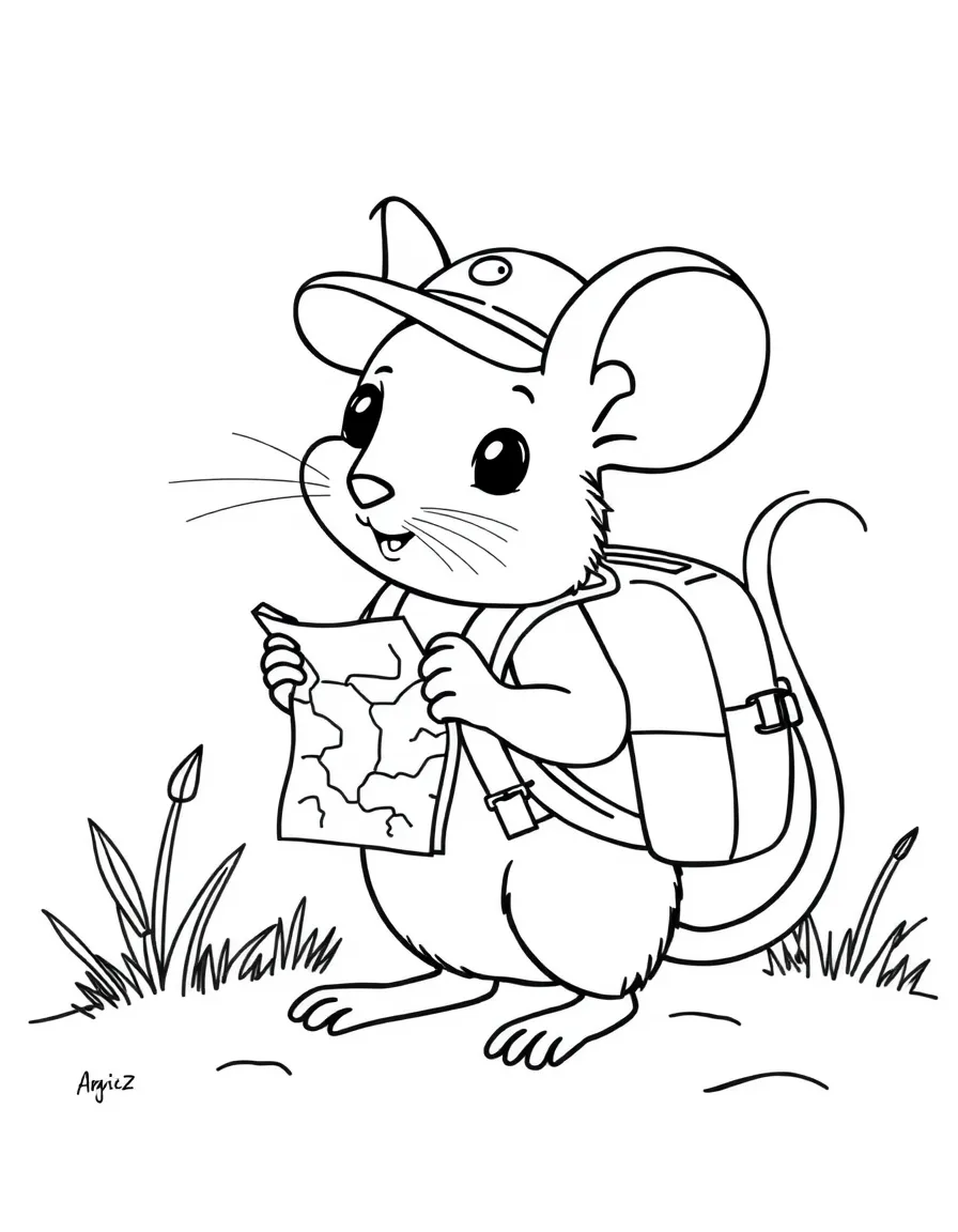 A mouse explorer with tiny backpack and map