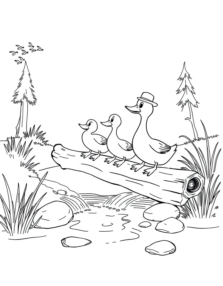A family of duck adventurers crossing a stream on a log