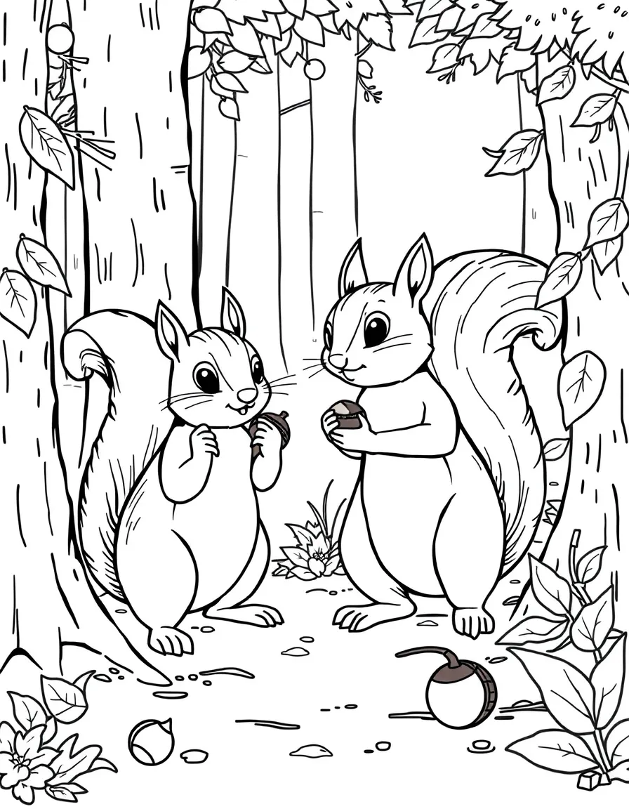 A pair of squirrel explorers collecting acorns in different forests