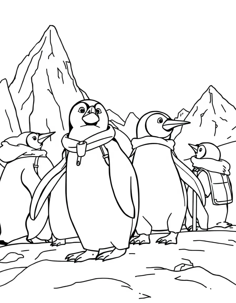 A group of penguin explorers traversing an icy landscape