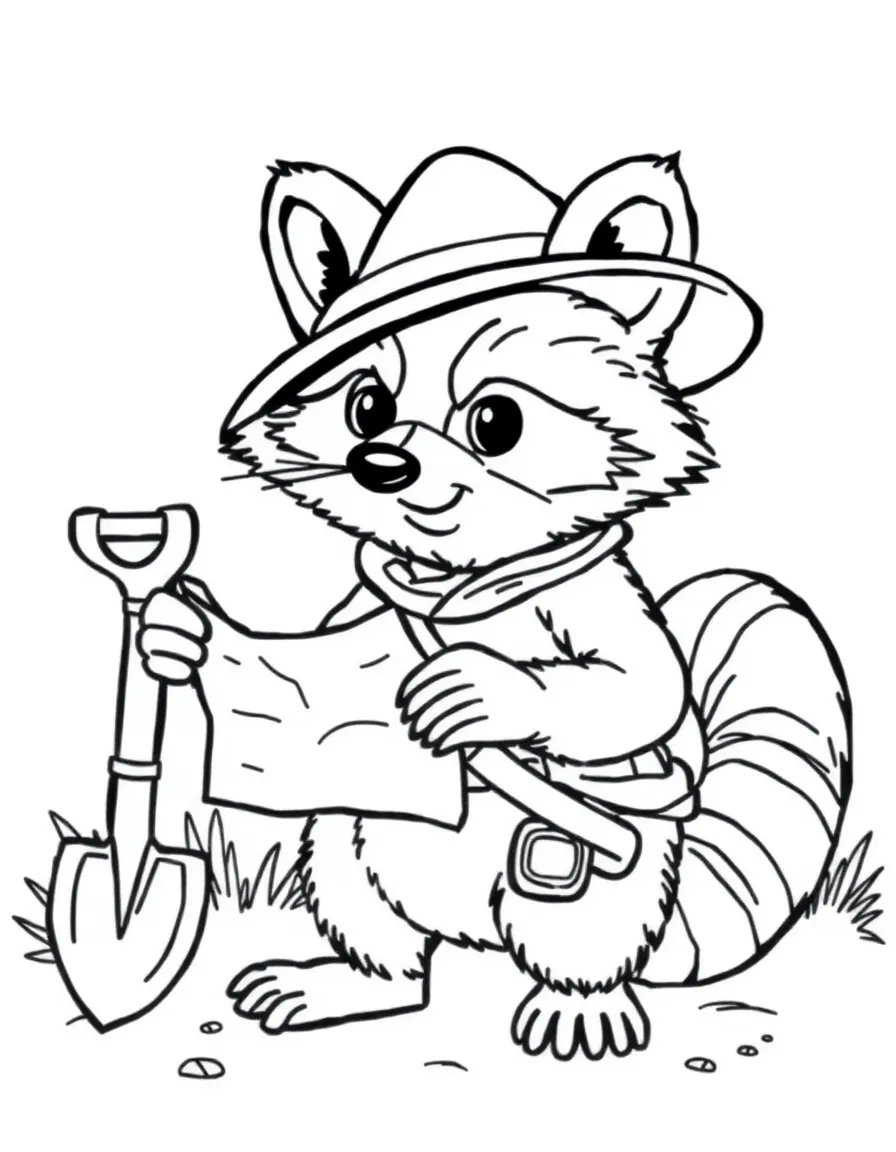 A raccoon treasure hunter with a map and tiny shovel