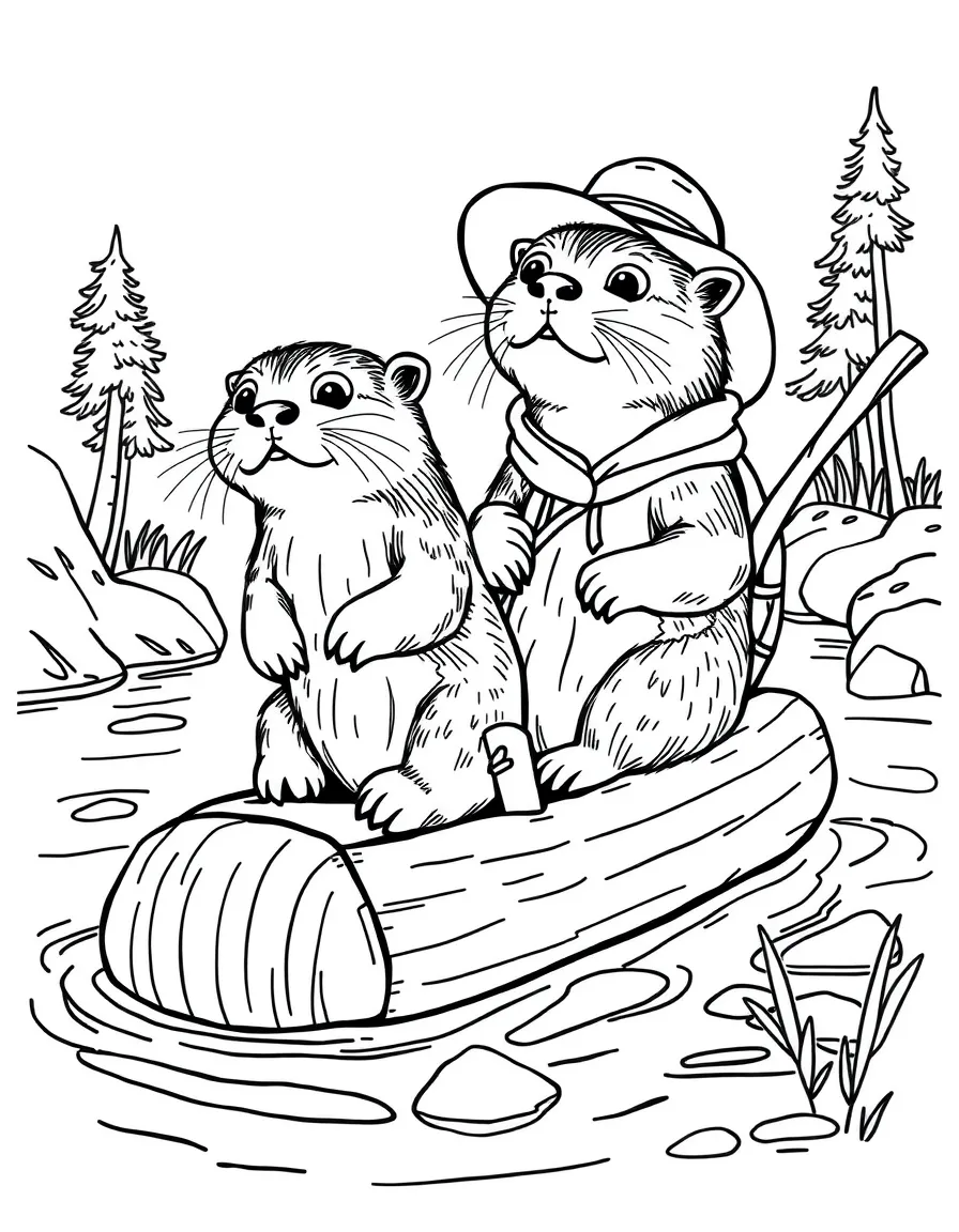 A pair of otter explorers building a river raft