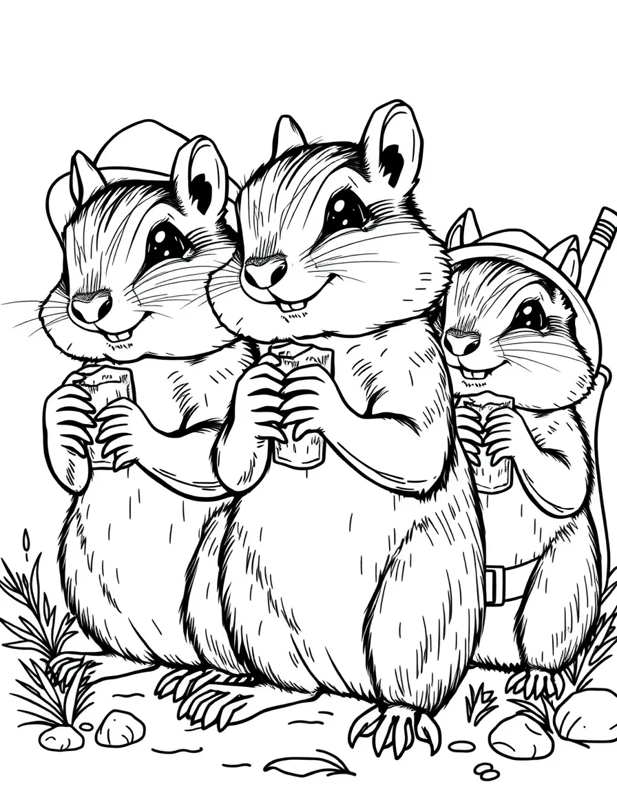 A group of chipmunk explorers filling their cheeks with expedition snacks