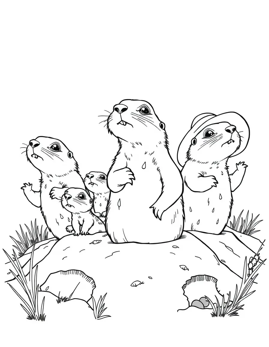 A family of prairie dog explorers popping out of different burrows