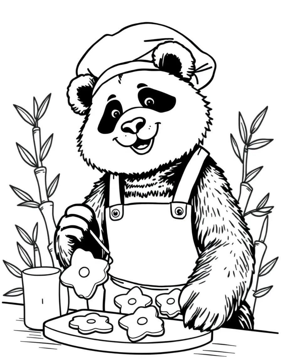 A panda baker making bamboo-shaped cookies