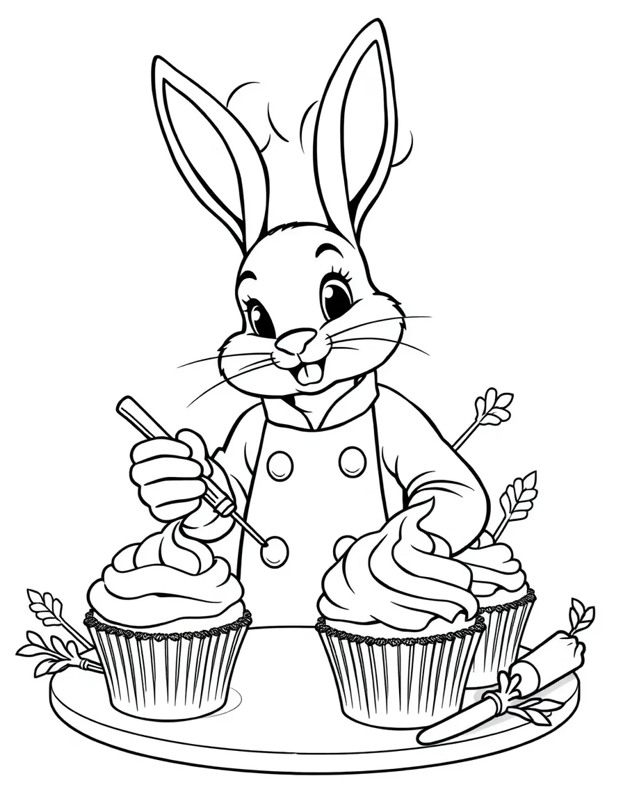A bunny chef decorating carrot cupcakes with cream cheese frosting