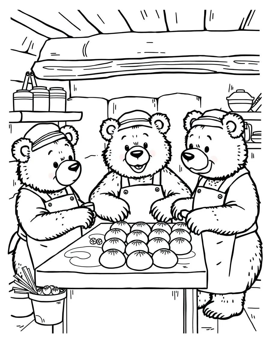 A family of bear bakers making honey buns in a cozy kitchen