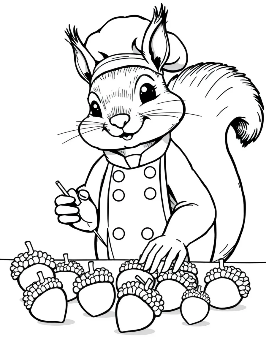A squirrel pastry chef arranging acorn-shaped chocolates