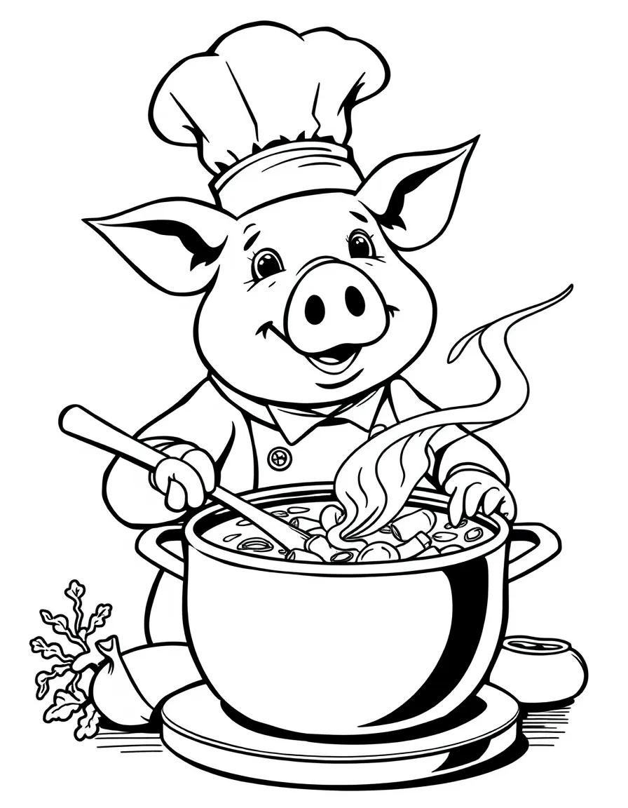 A pig chef in a tall hat stirring a big pot of vegetable soup