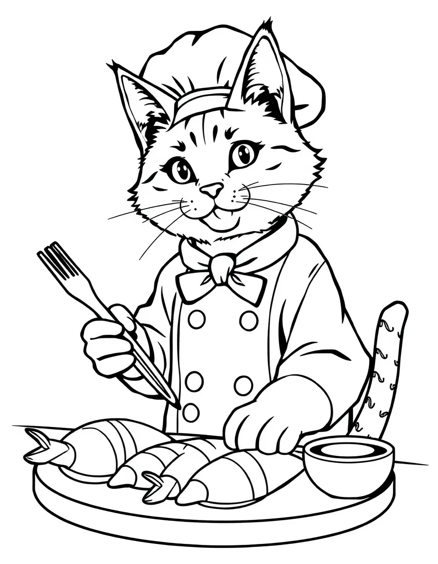 A cat chef preparing fish-shaped pastries