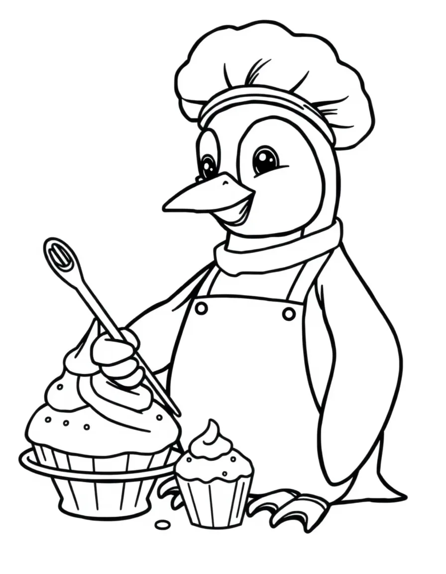 A penguin baker making ice cream cakes