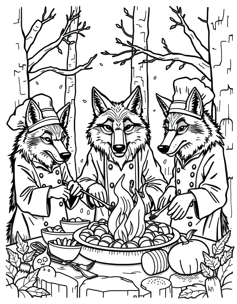 A family of wolf chefs preparing a forest feast