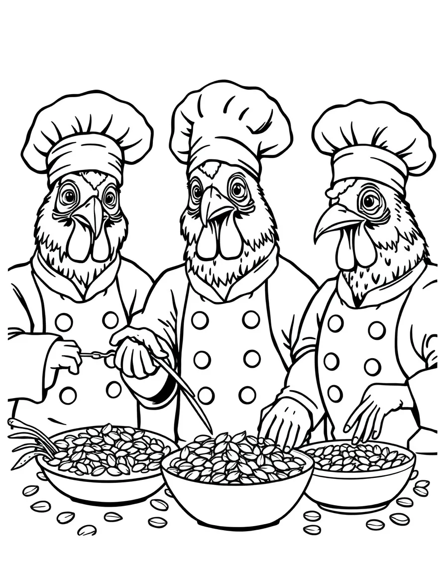 A group of chicken chefs preparing seed-based dishes