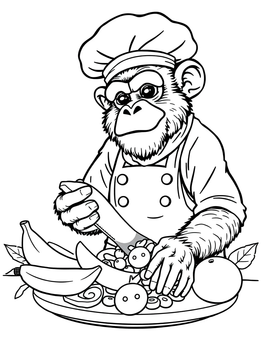 A monkey chef peeling bananas for a fruit salad