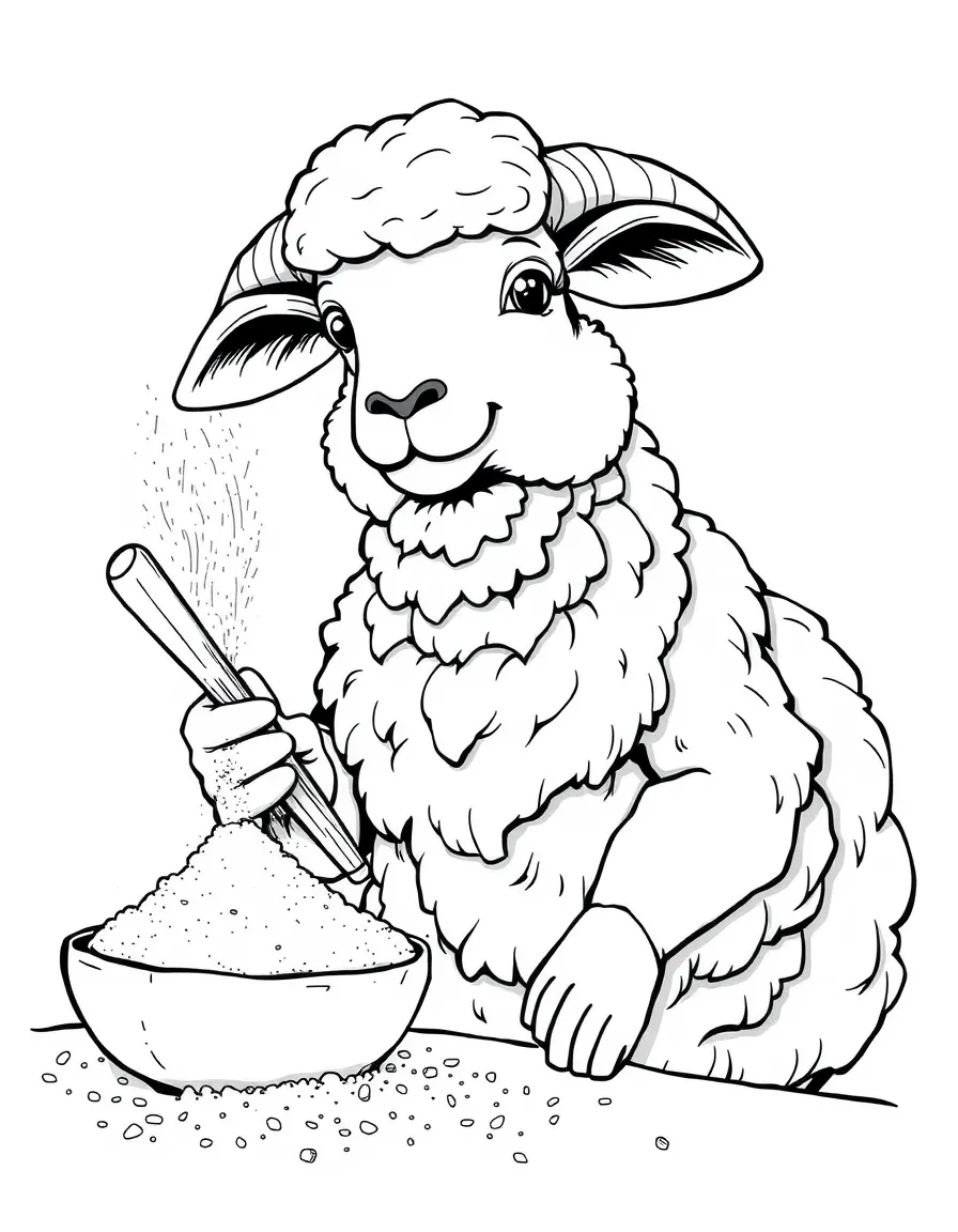 A sheep baker using its own wool to dust powdered sugar