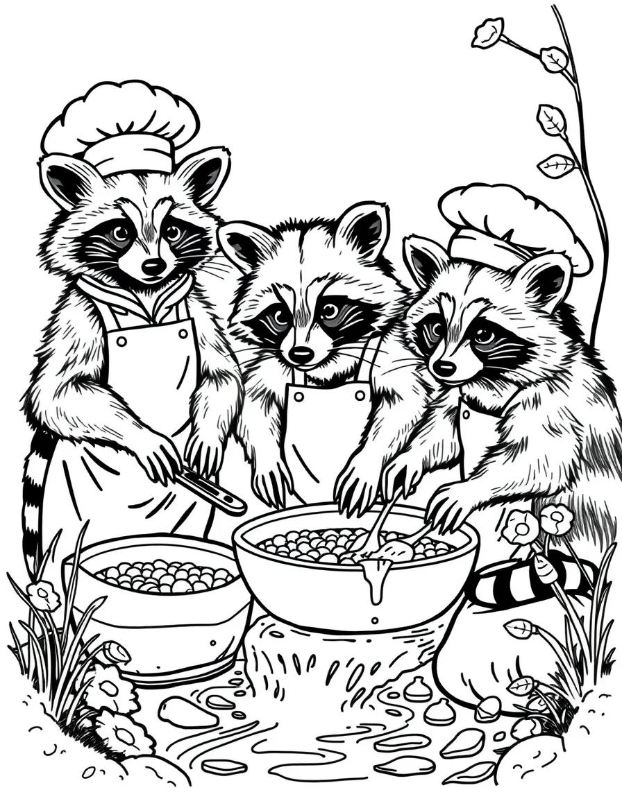 A family of raccoon chefs washing ingredients in a stream