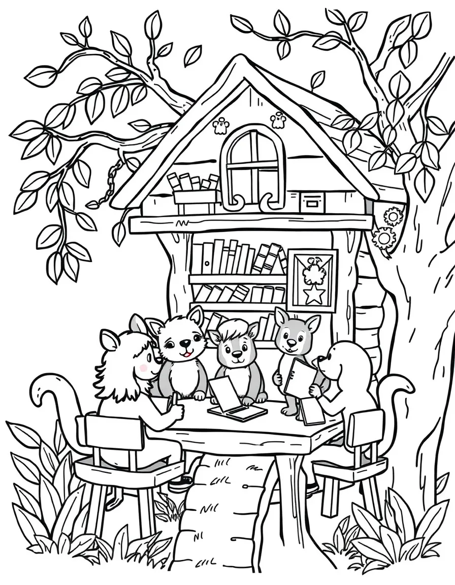 A group of animal students in a treehouse classroom