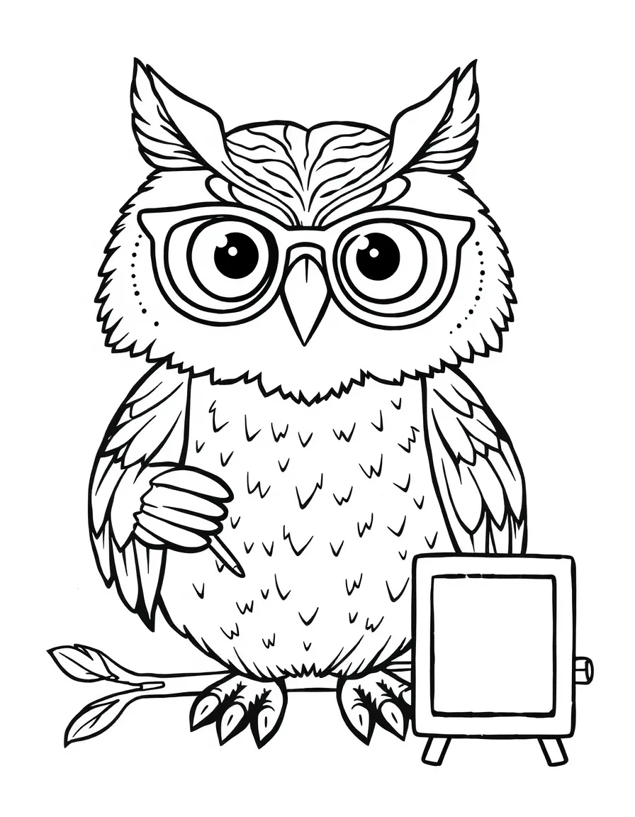 An owl teacher with glasses and a tiny blackboard