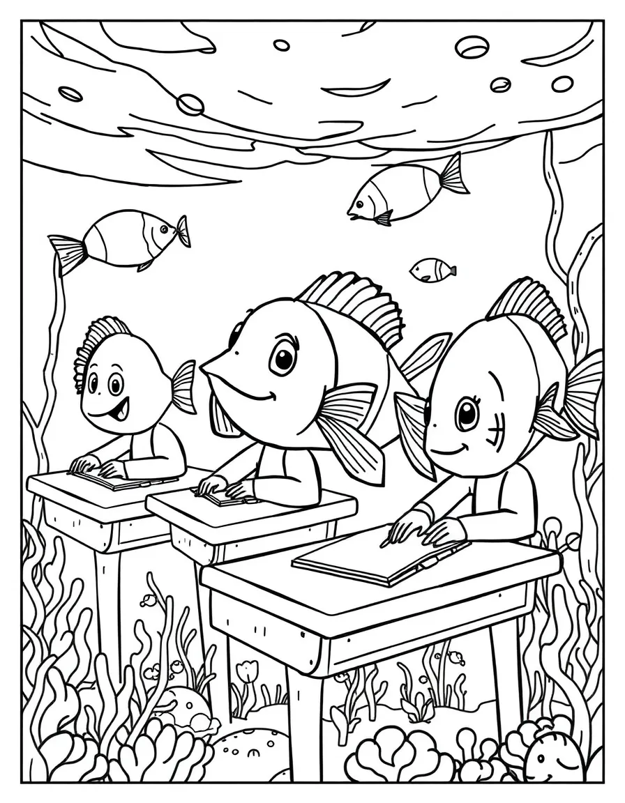 A group of fish students in underwater desks
