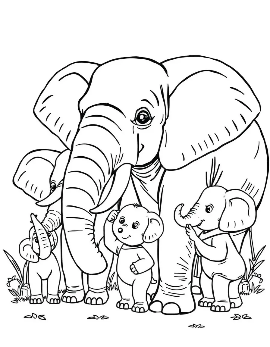 A family of elephant students learning to use their trunks