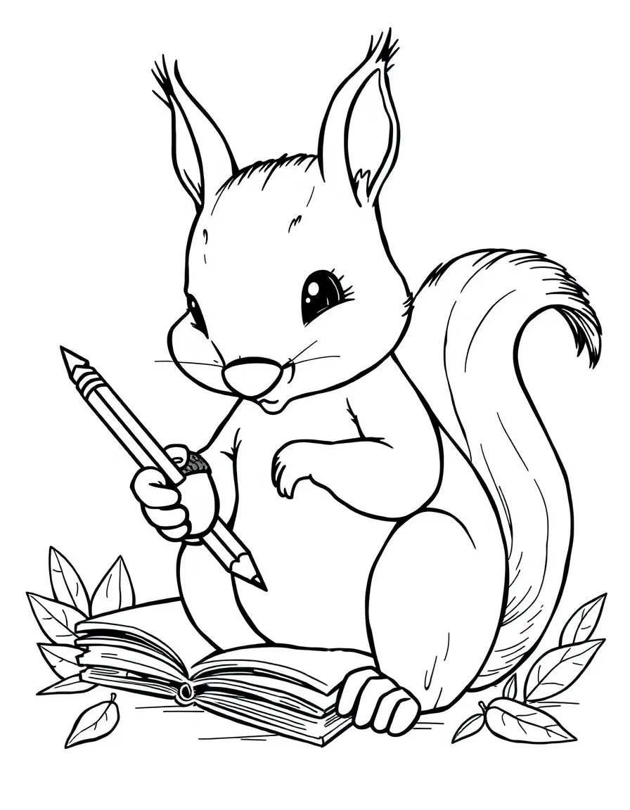 A squirrel student taking notes with an acorn pencil