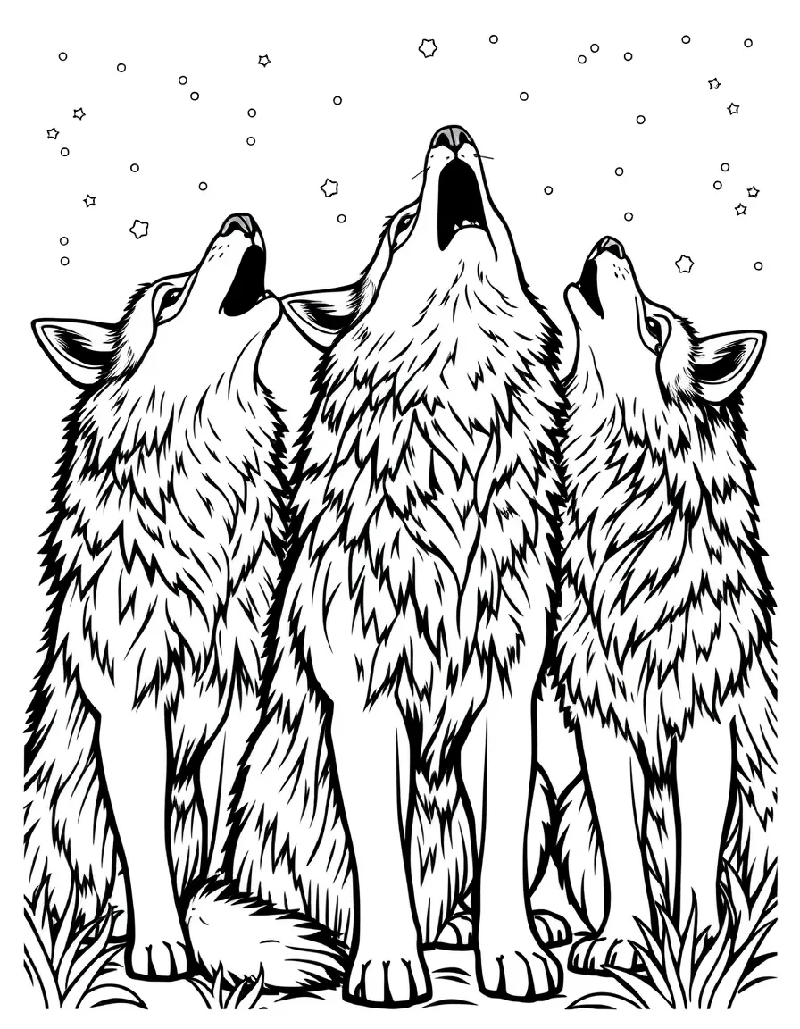 A family of wolf students practicing howling in harmony