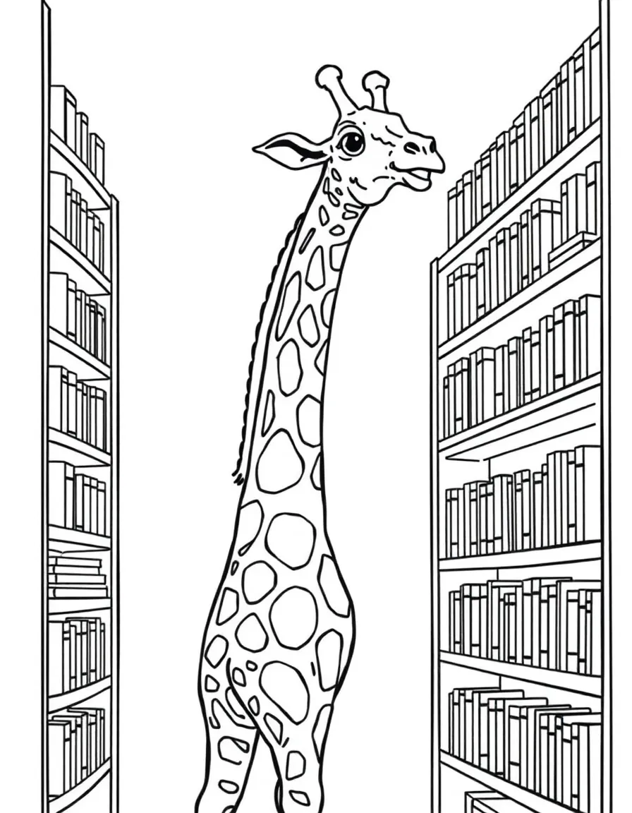 A giraffe teacher reaching high bookshelves for students