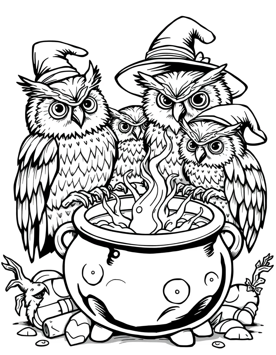 A family of owl enchanters brewing potion in a cauldron