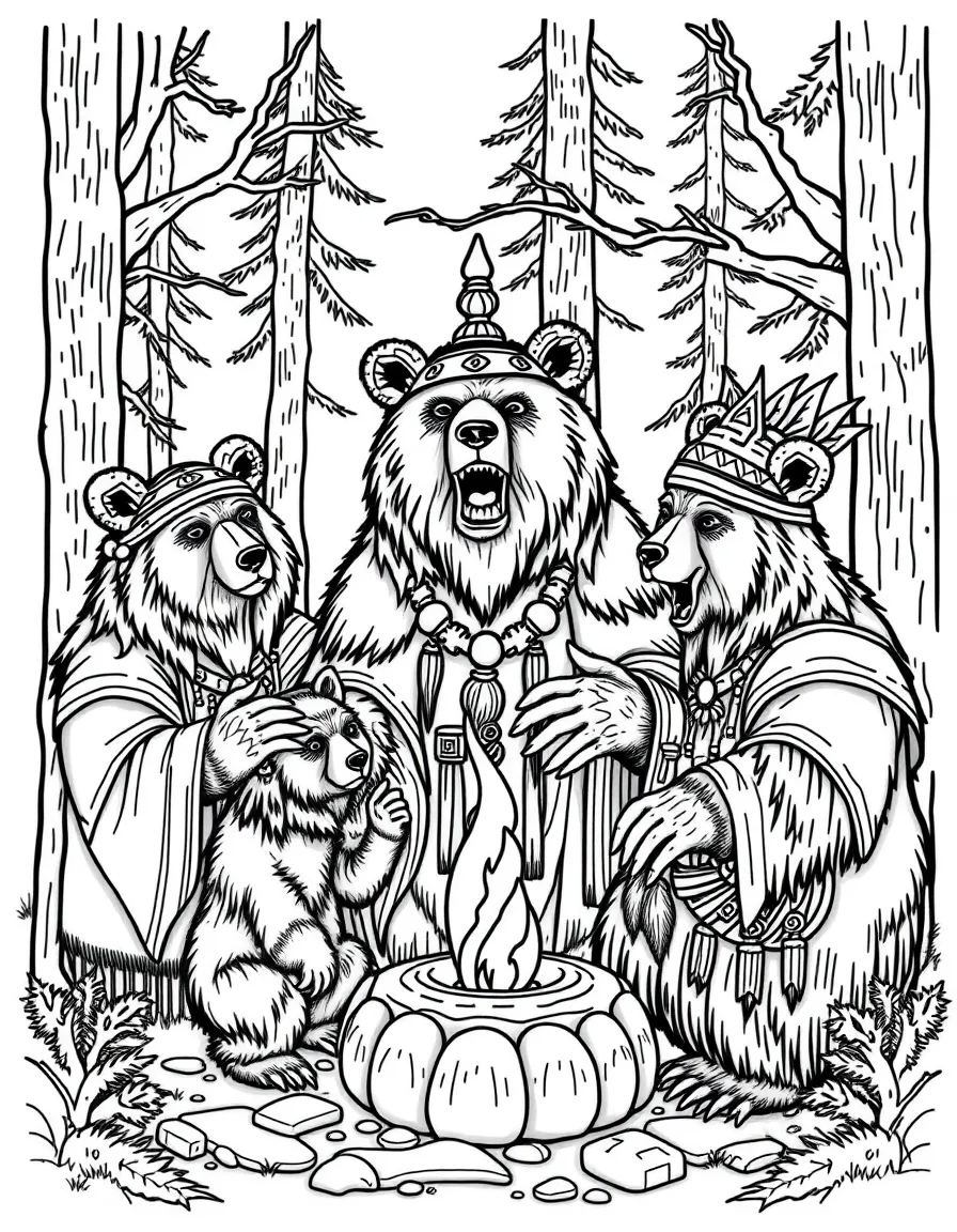 A family of bear shamans performing a forest ritual