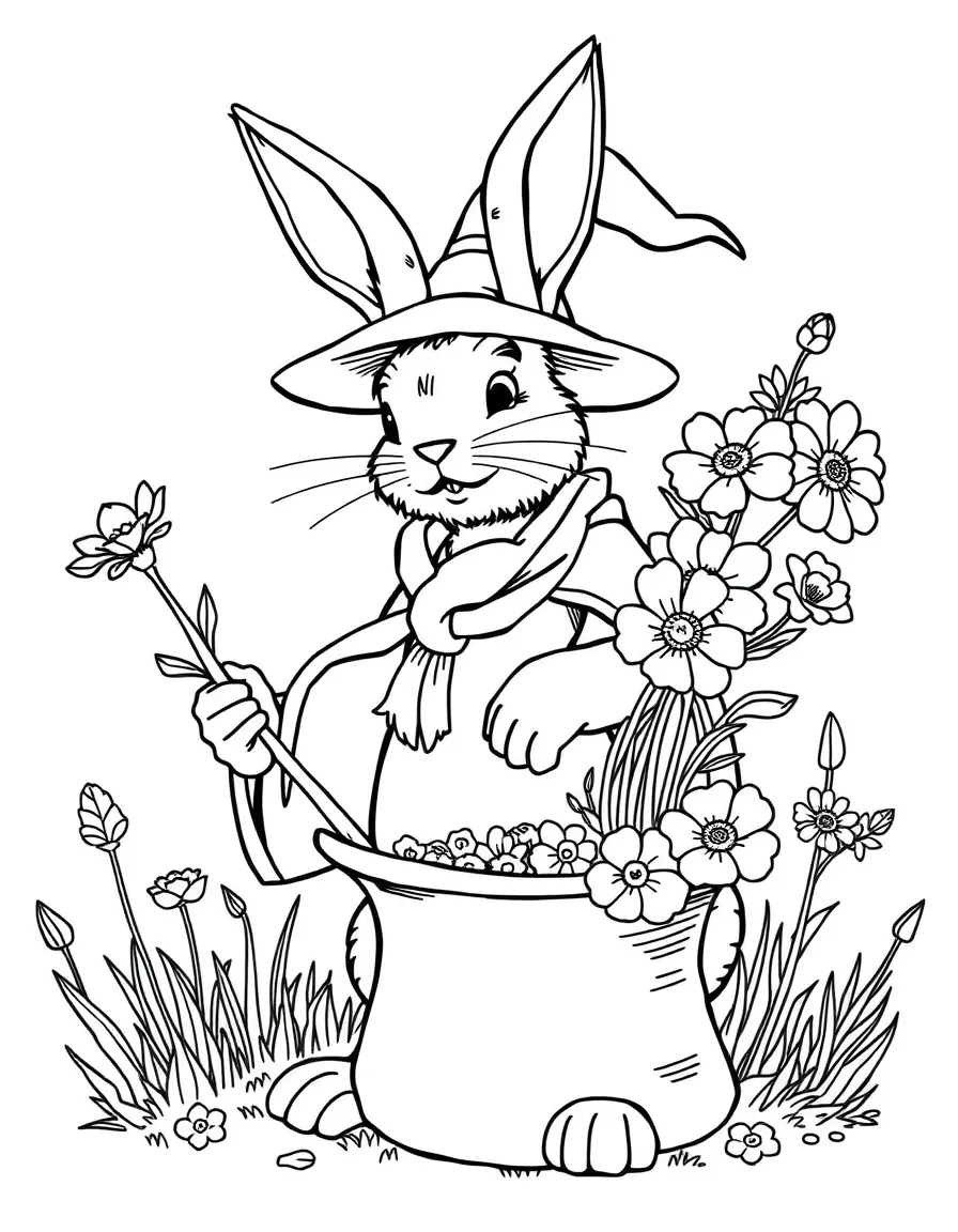 A rabbit wizard pulling flowers from a hat