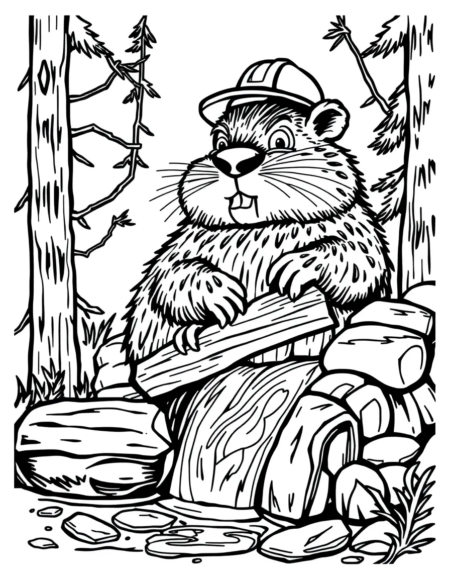 A beaver engineer building a magical dam with glowing wood