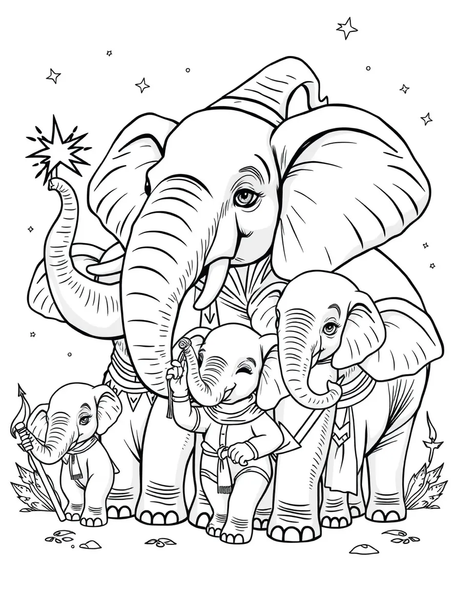 A family of elephant sorcerers with trunk wands