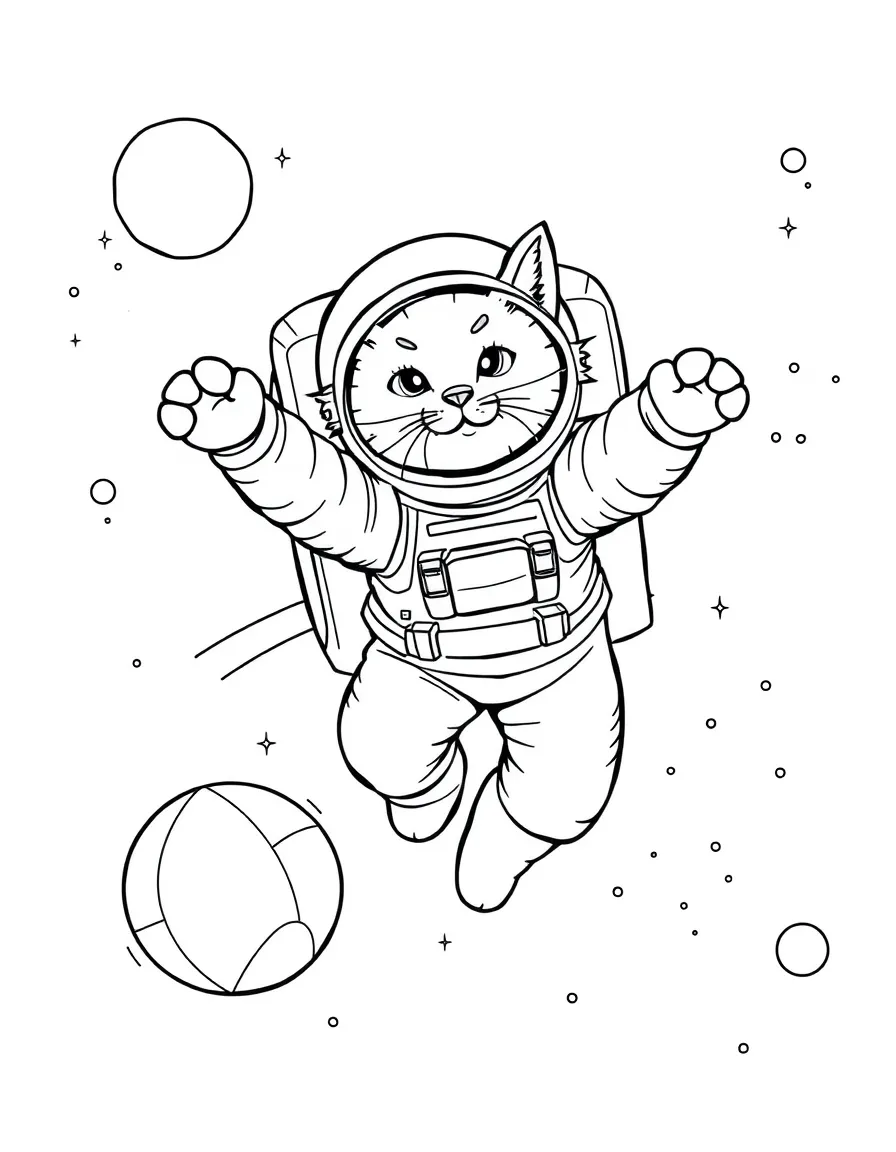 A cat astronaut floating in zero gravity chasing a ball