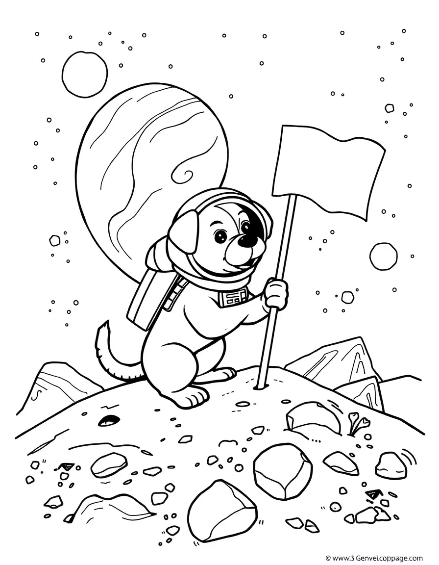 A dog space explorer planting a flag on a new planet