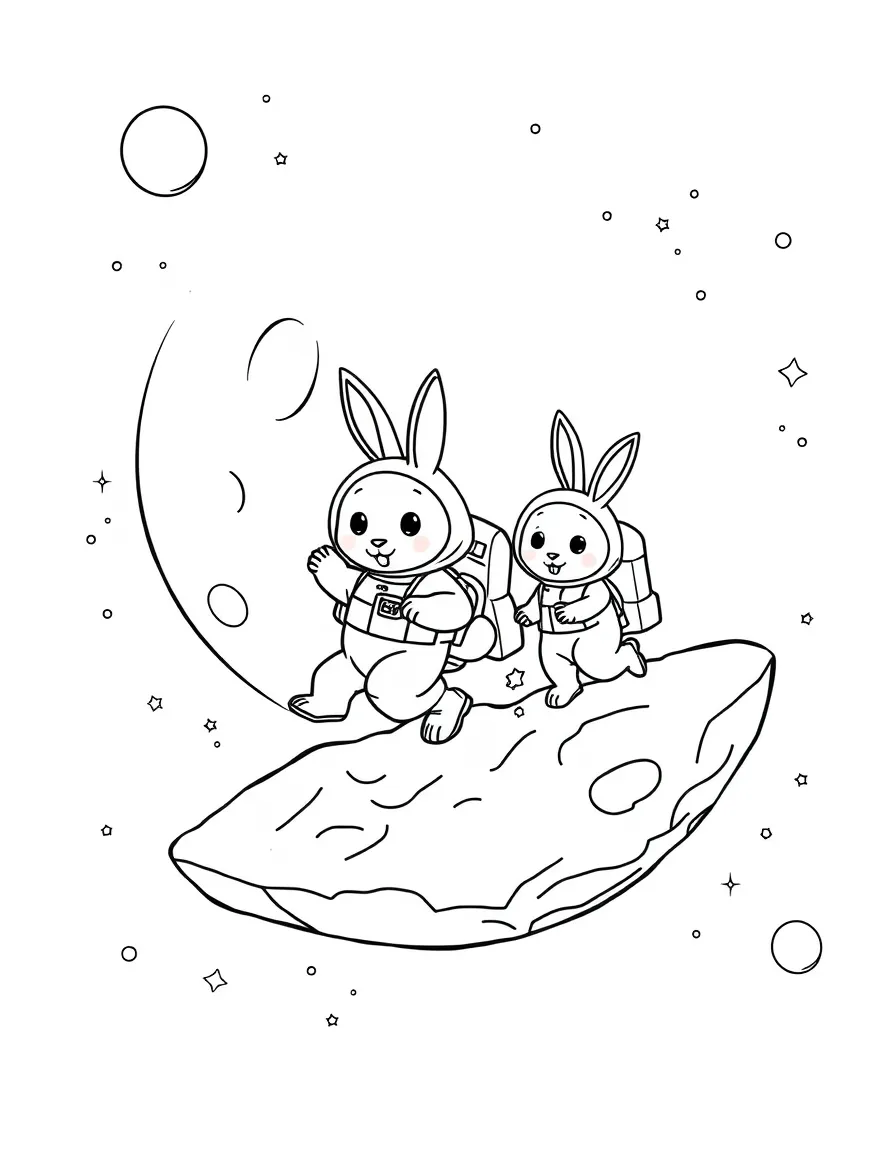 A family of rabbit astronauts hopping on the moon