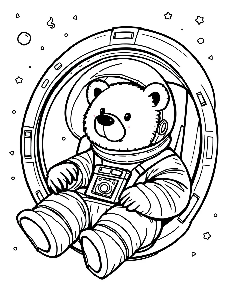 A bear astronaut hibernating in a space capsule