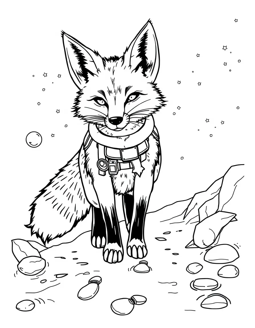A fox space explorer tracking alien footprints