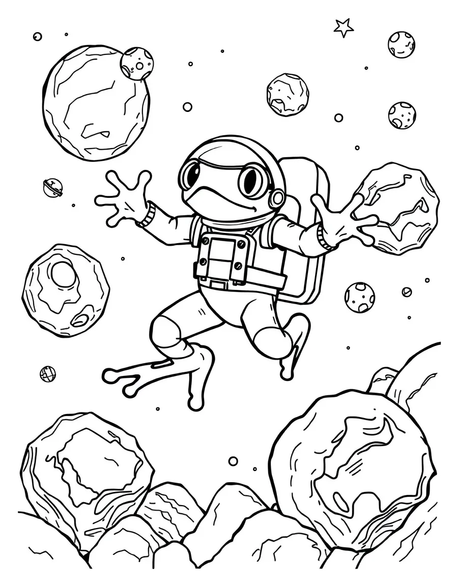 A frog astronaut jumping between floating asteroids